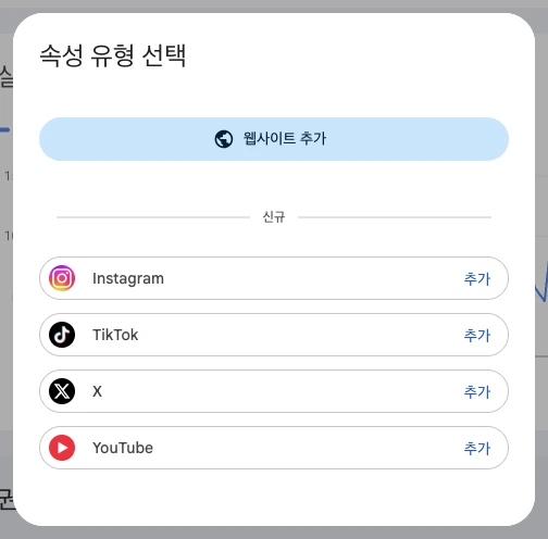 속성 유형 선택 창. 맨 위에 「웹사이트 추가」 버튼이 있고 아래에 Instagram, TikTok, X, YouTube가 있다.