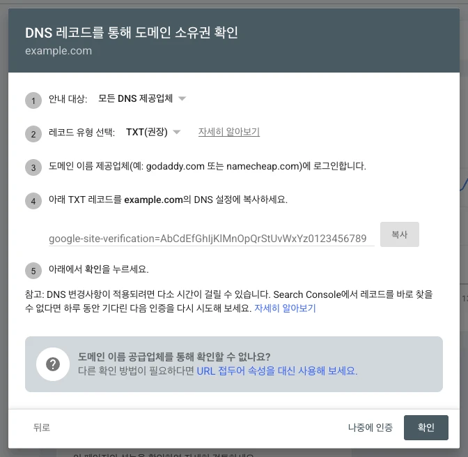 DNS 레코드를 통해 도메인 소유권 확인 창. 안내 대상은 모든 DNS 제공업체, 레코드 유형은 TXT, 복사할 google-site-verification 값이 보인다. 값은 예시로 바꿨다.