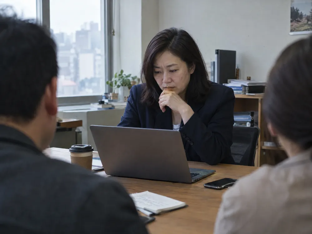 회의실에서 노트북 화면을 보며 고민하는 B2B 컨설팅 대표